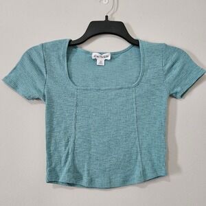 Outlaw Womens Teal Ribbed Knit Square Neck Short Sleeve Crop Top Size XS